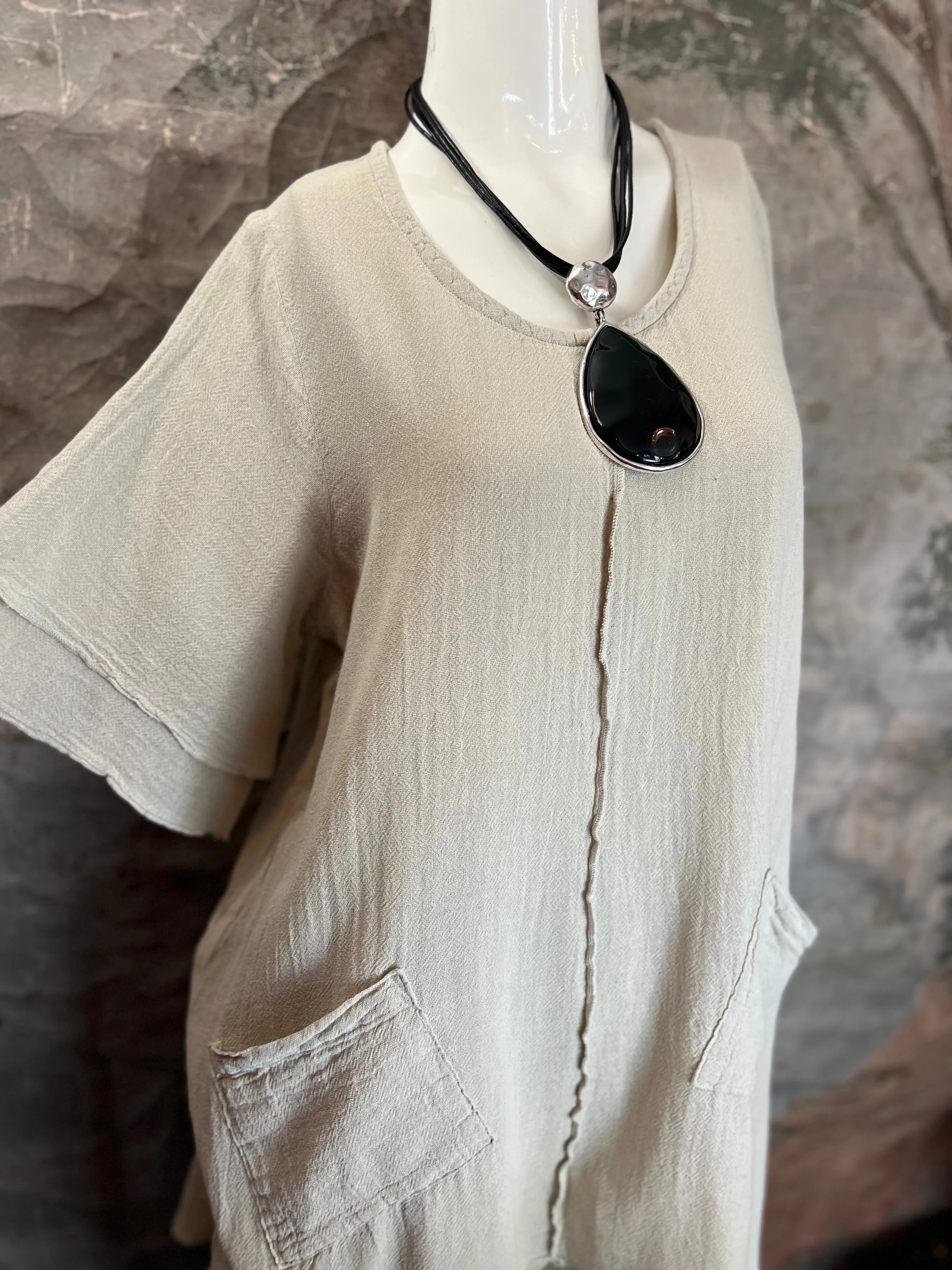 014 French Gauze 2 Pocket Dress-Sand