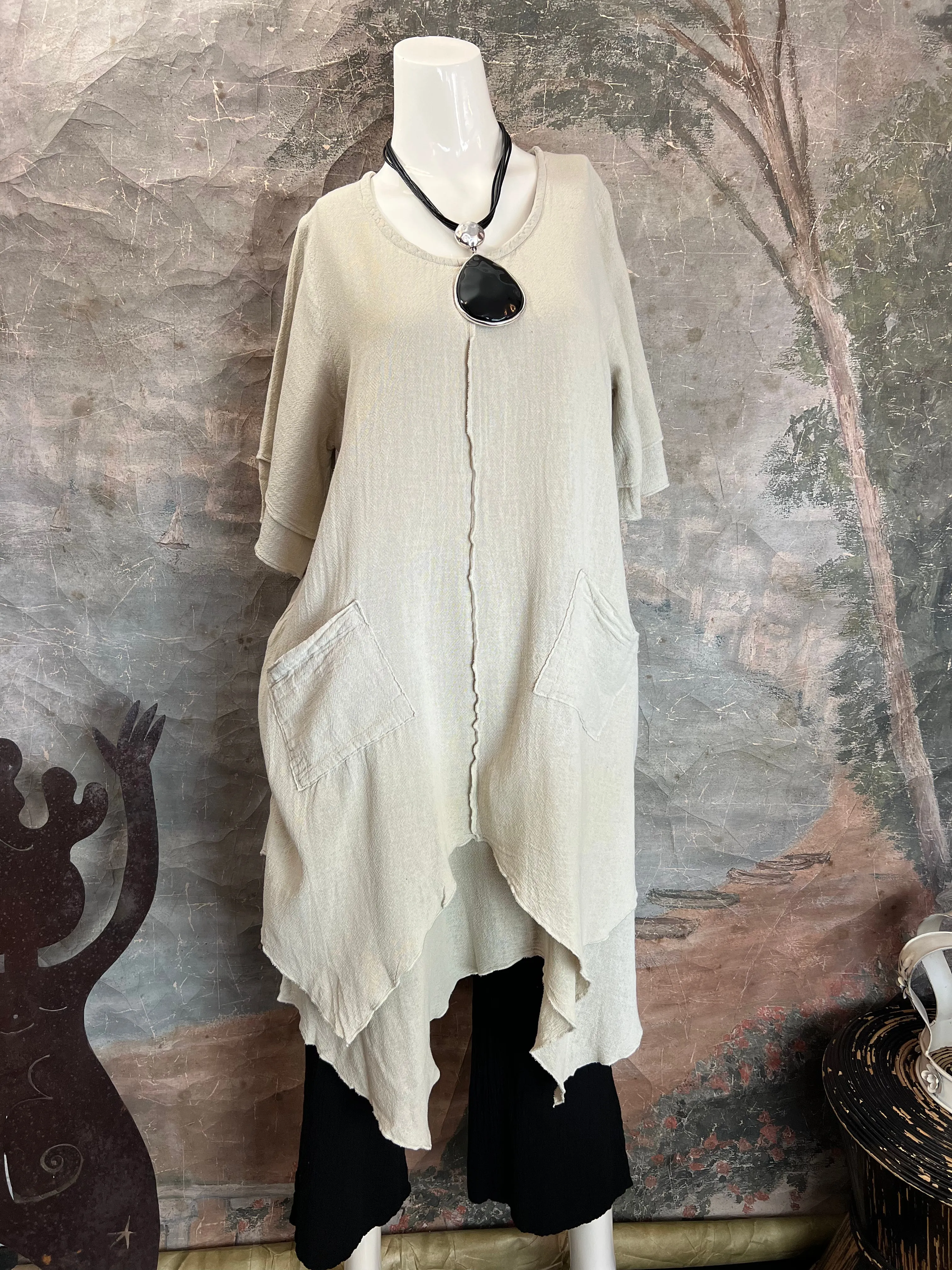 014 French Gauze 2 Pocket Dress-Sand