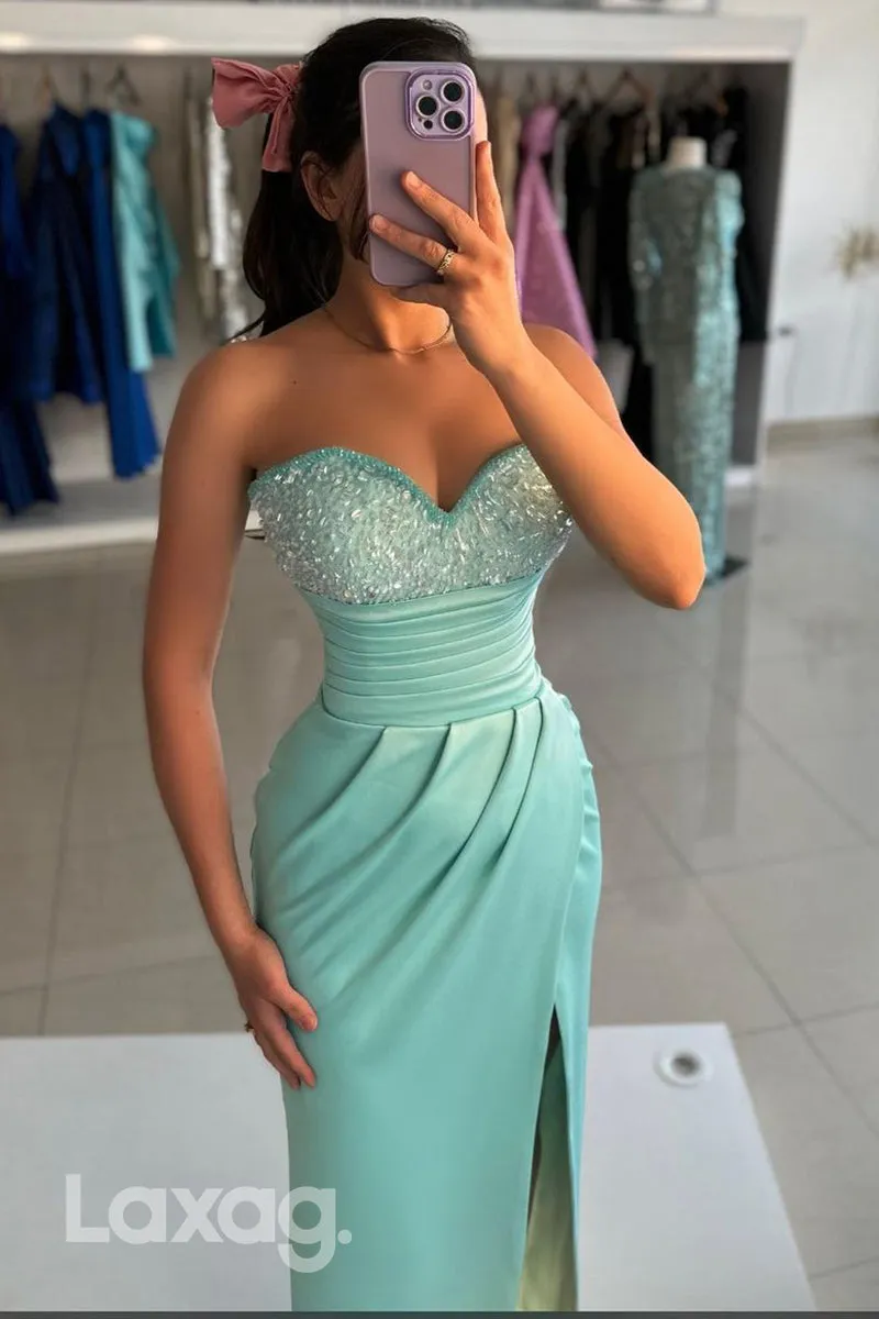 13763 - Sheath/Column Sweetheart Ruched Slit Long Formal Party Dress