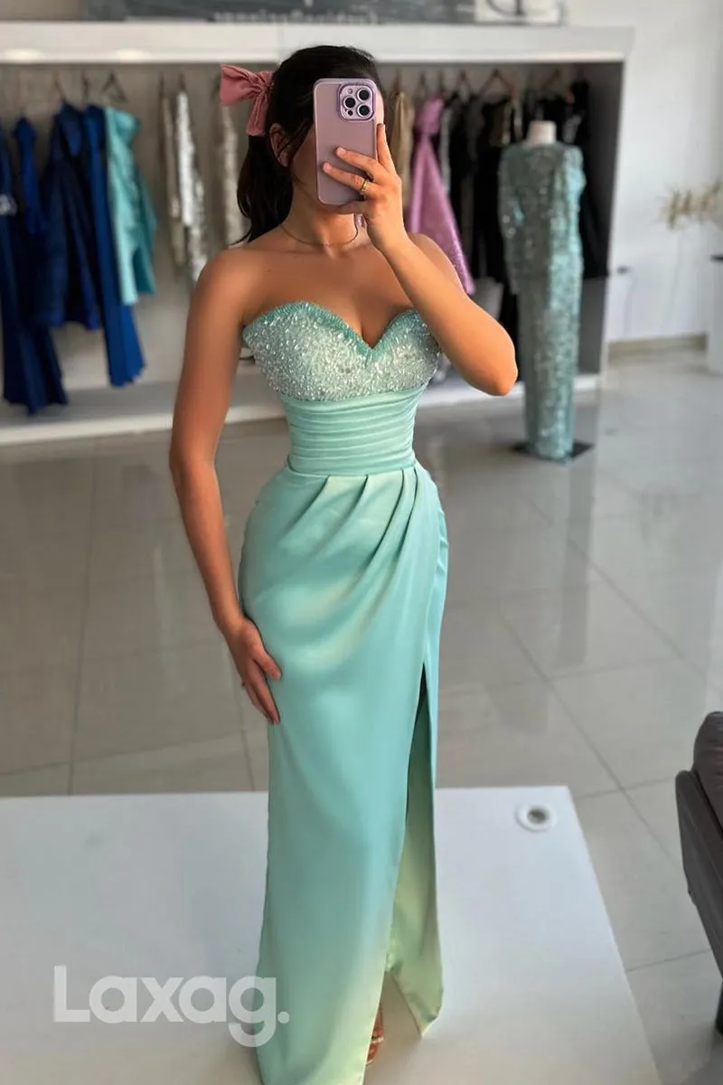 13763 - Sheath/Column Sweetheart Ruched Slit Long Formal Party Dress