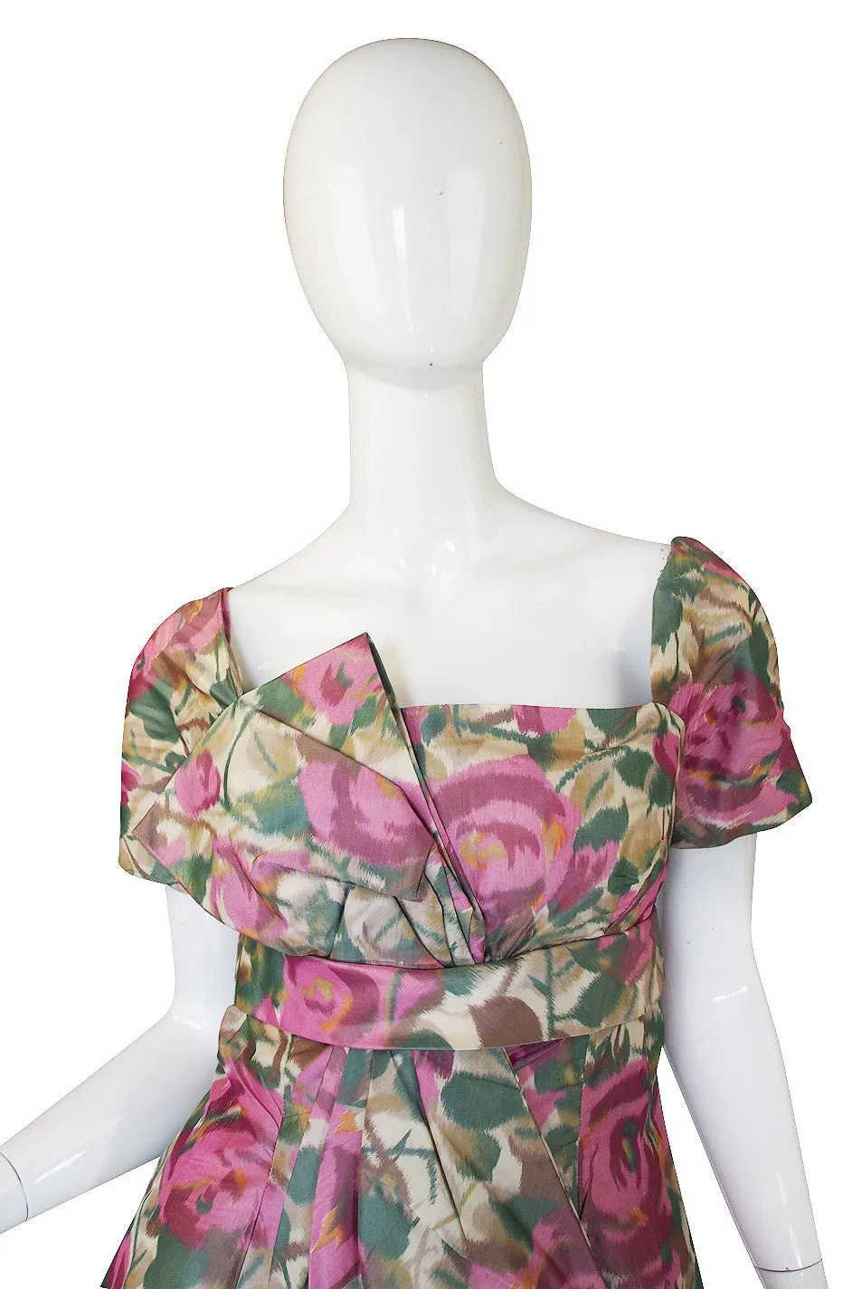 1950s Pretty Floral Silk Bow Cocktail Dress