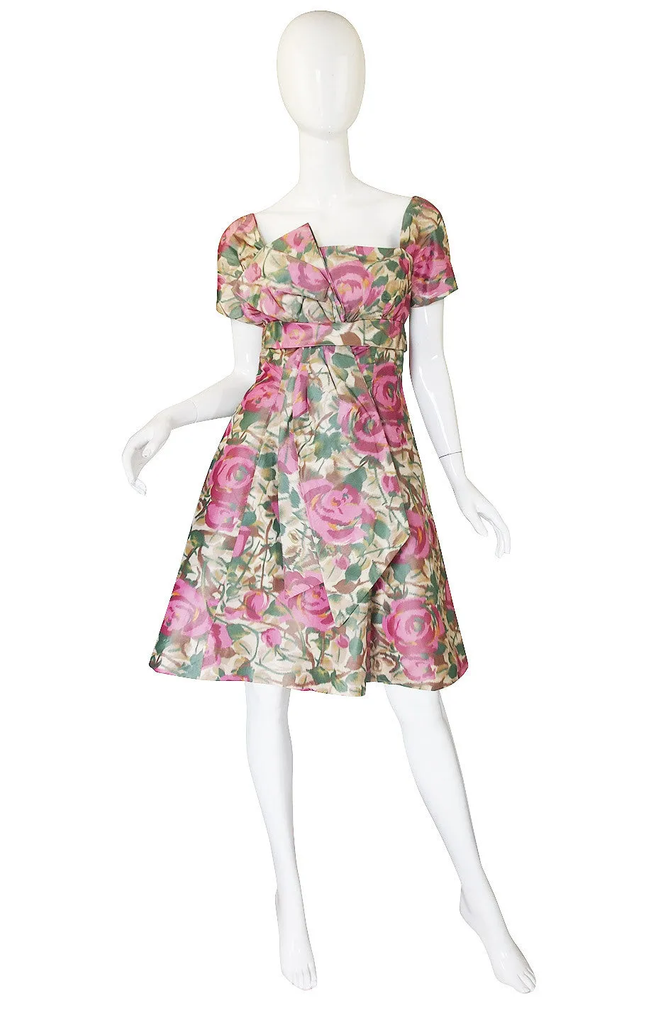 1950s Pretty Floral Silk Bow Cocktail Dress