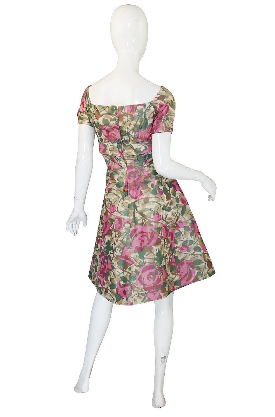 1950s Pretty Floral Silk Bow Cocktail Dress