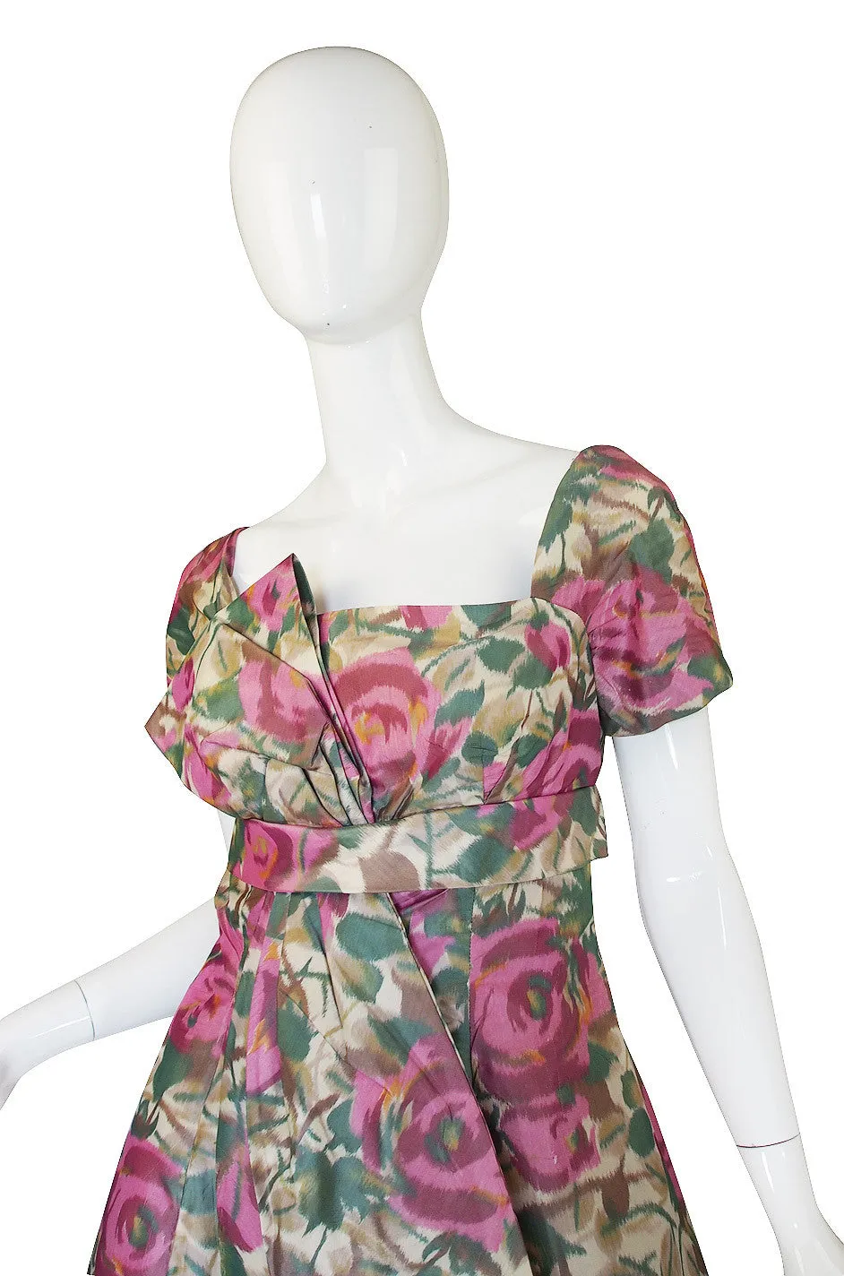 1950s Pretty Floral Silk Bow Cocktail Dress