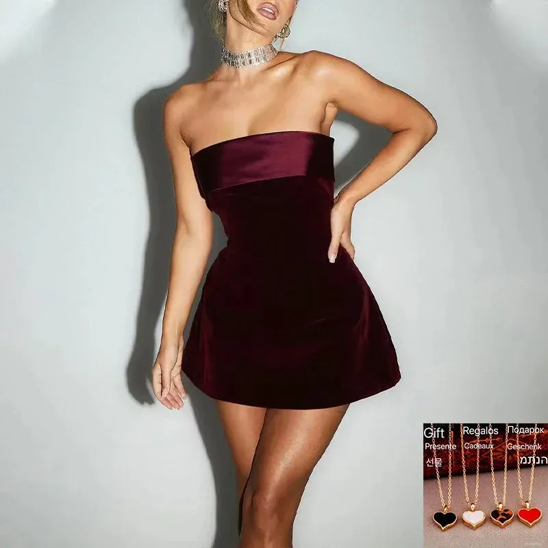 2024 Sexy Solid Off Shoulder Velvet Short Gown A Line Strapless High Waist Slim Dress