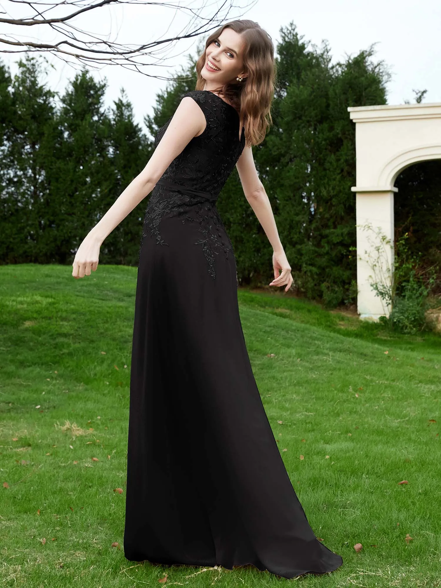 A-Line Chiffon Dress with Flower Appliqued Black