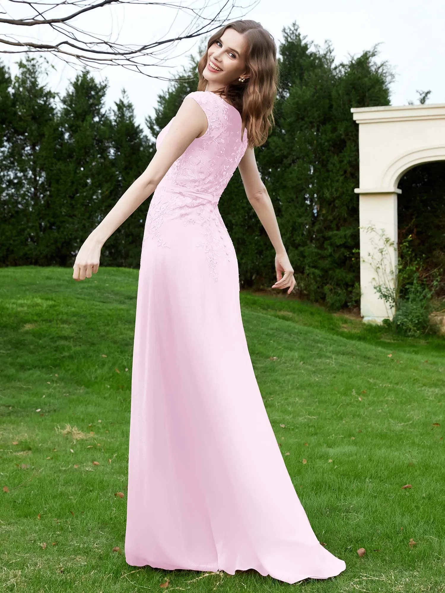 A-Line Chiffon Dress with Flower Appliqued Blushing Pink Plus Size