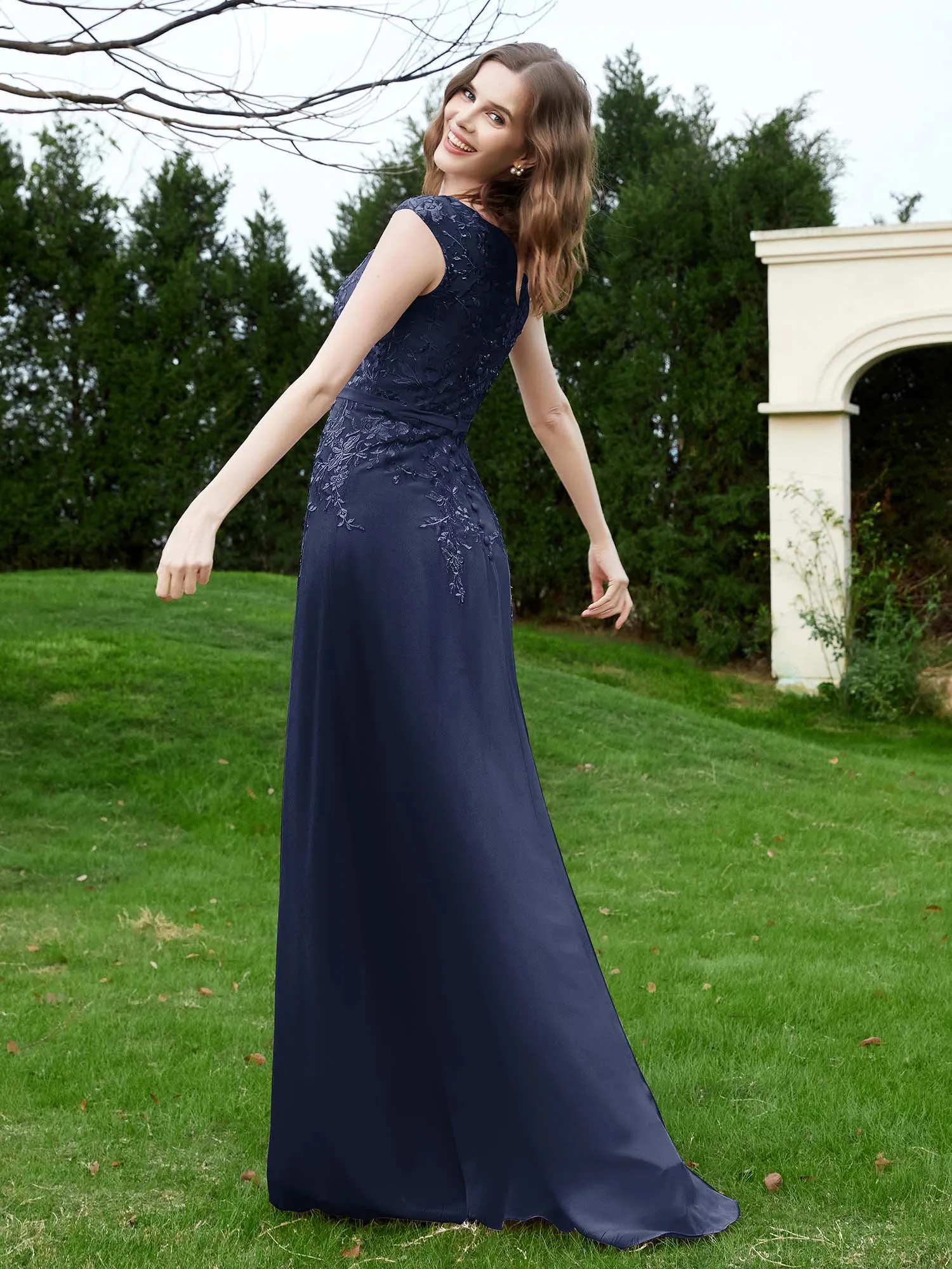 A-Line Chiffon Dress with Flower Appliqued Dark Navy