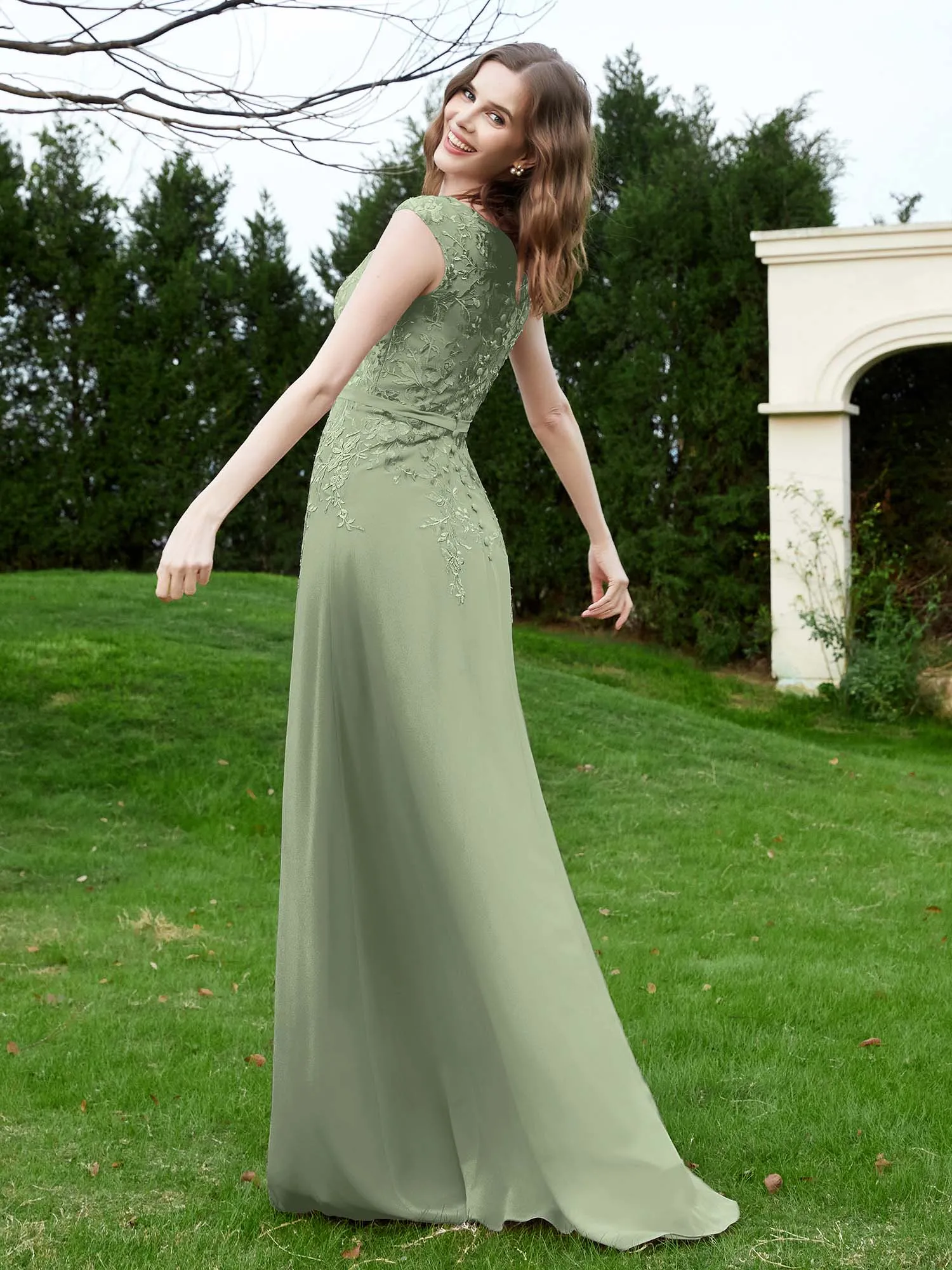 A-Line Chiffon Dress with Flower Appliqued Dusty Sage Plus Size