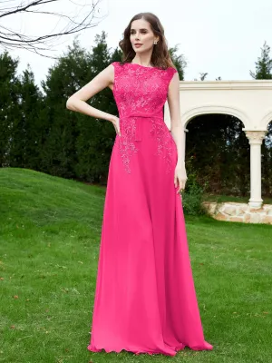 A-Line Chiffon Dress with Flower Appliqued Fuchsia Plus Size