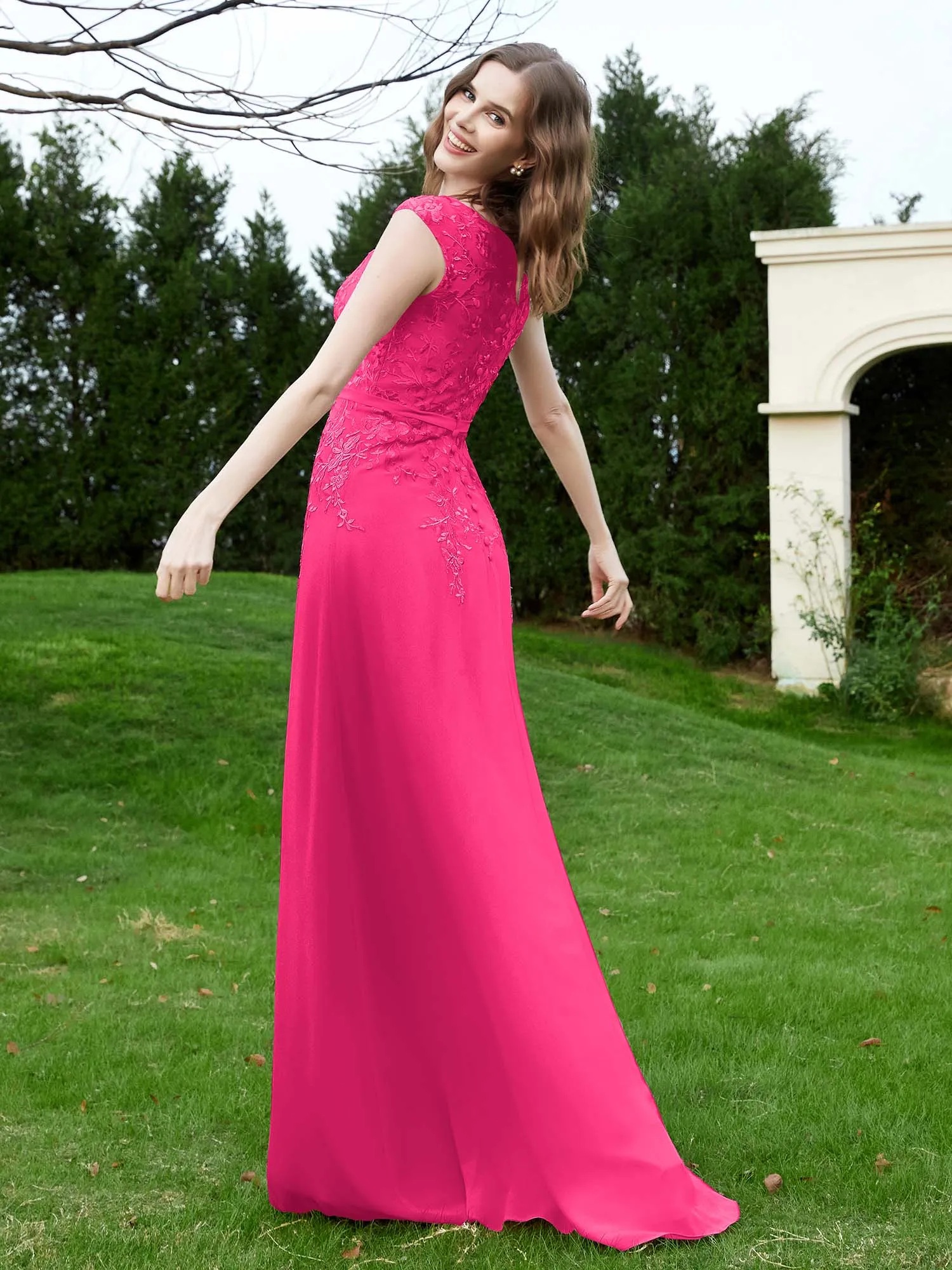 A-Line Chiffon Dress with Flower Appliqued Fuchsia Plus Size