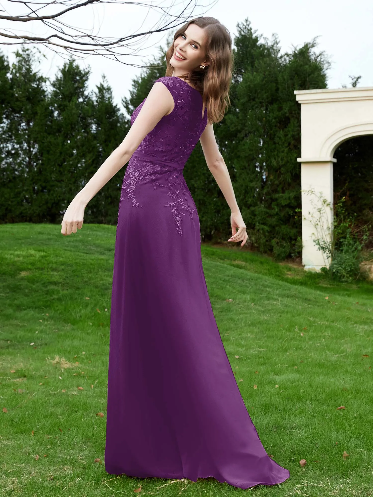 A-Line Chiffon Dress with Flower Appliqued Grape Plus Size
