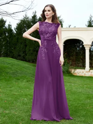A-Line Chiffon Dress with Flower Appliqued Grape Plus Size