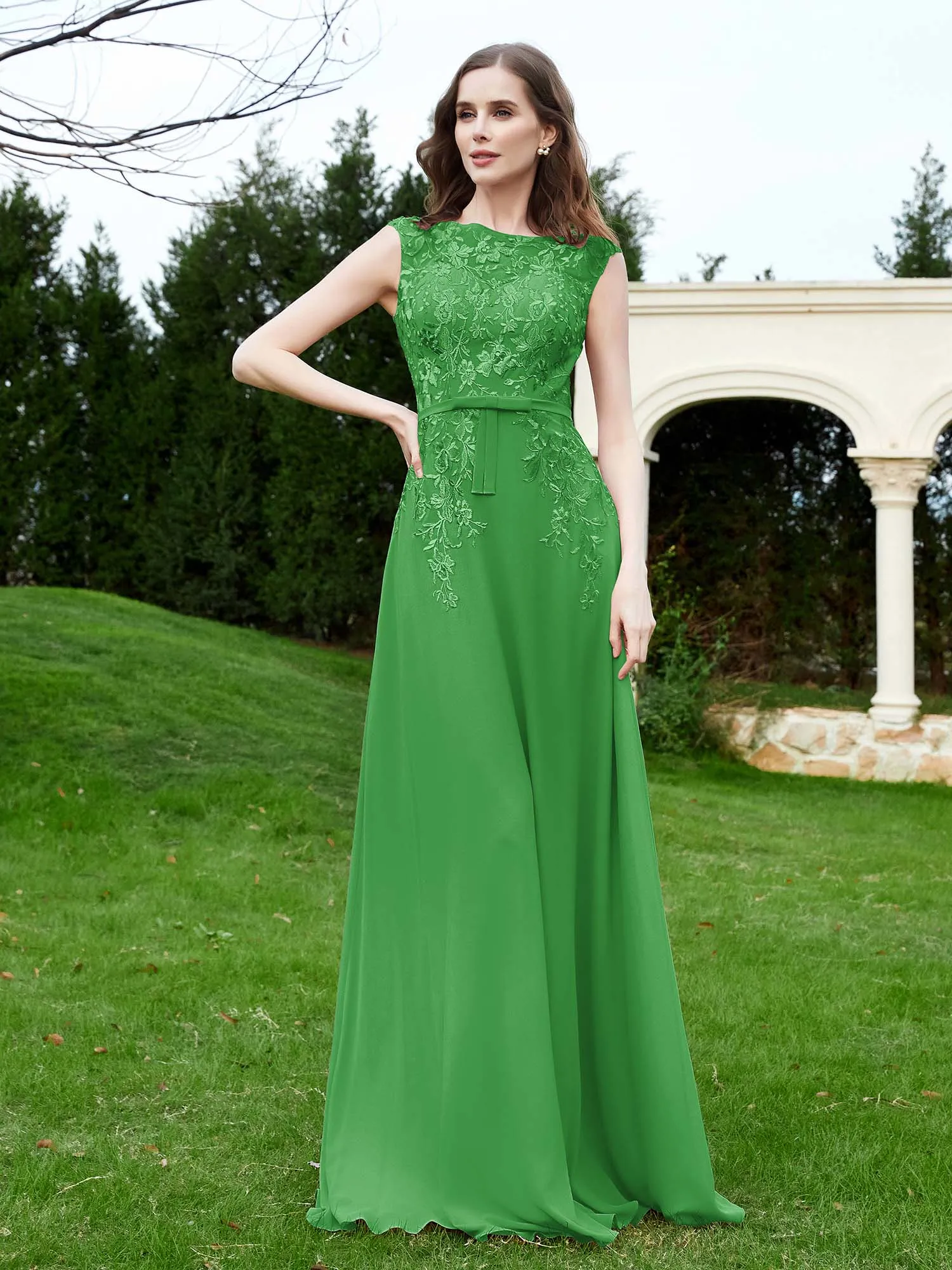 A-Line Chiffon Dress with Flower Appliqued Green Plus Size