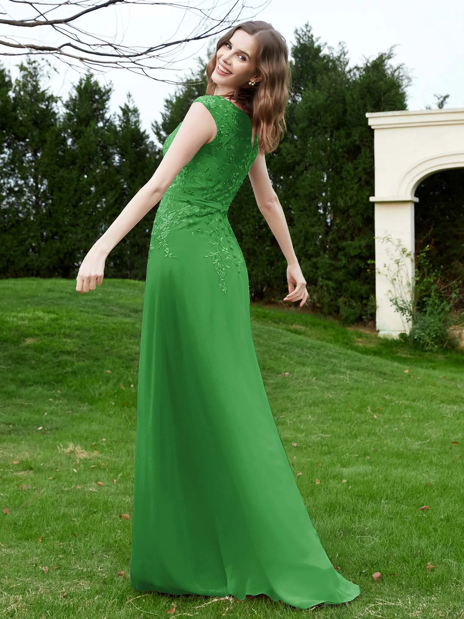 A-Line Chiffon Dress with Flower Appliqued Green Plus Size