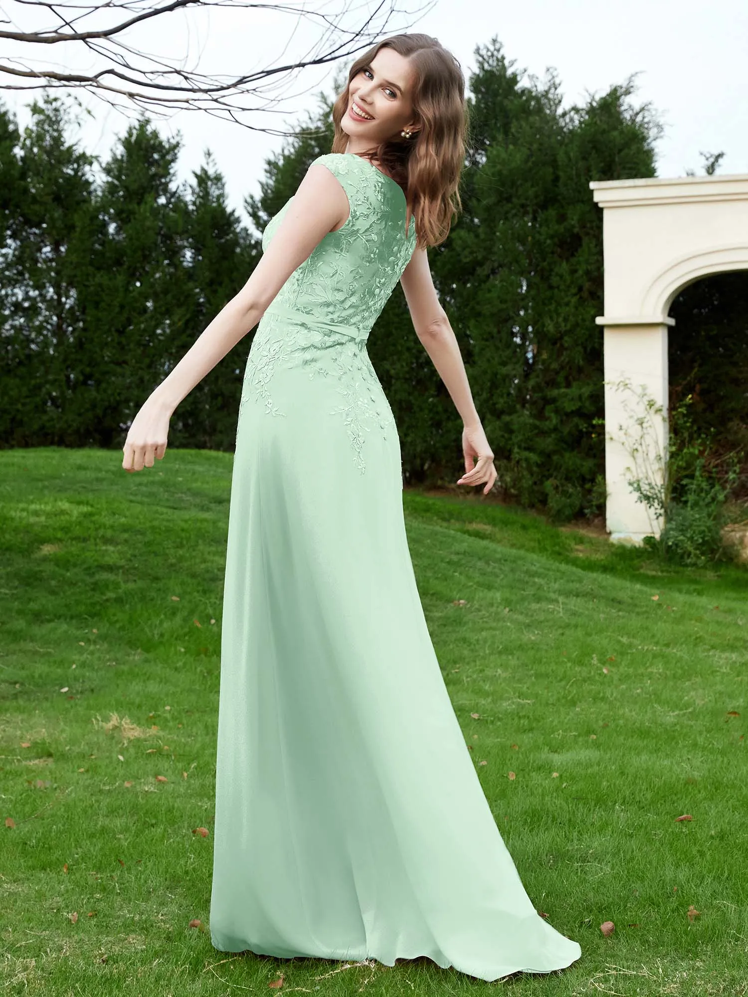 A-Line Chiffon Dress with Flower Appliqued Mint Green