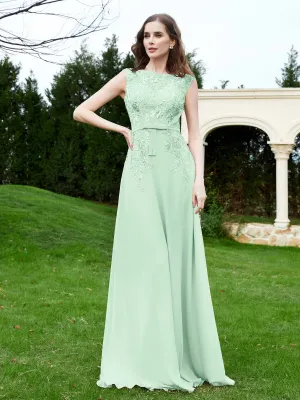 A-Line Chiffon Dress with Flower Appliqued Mint Green