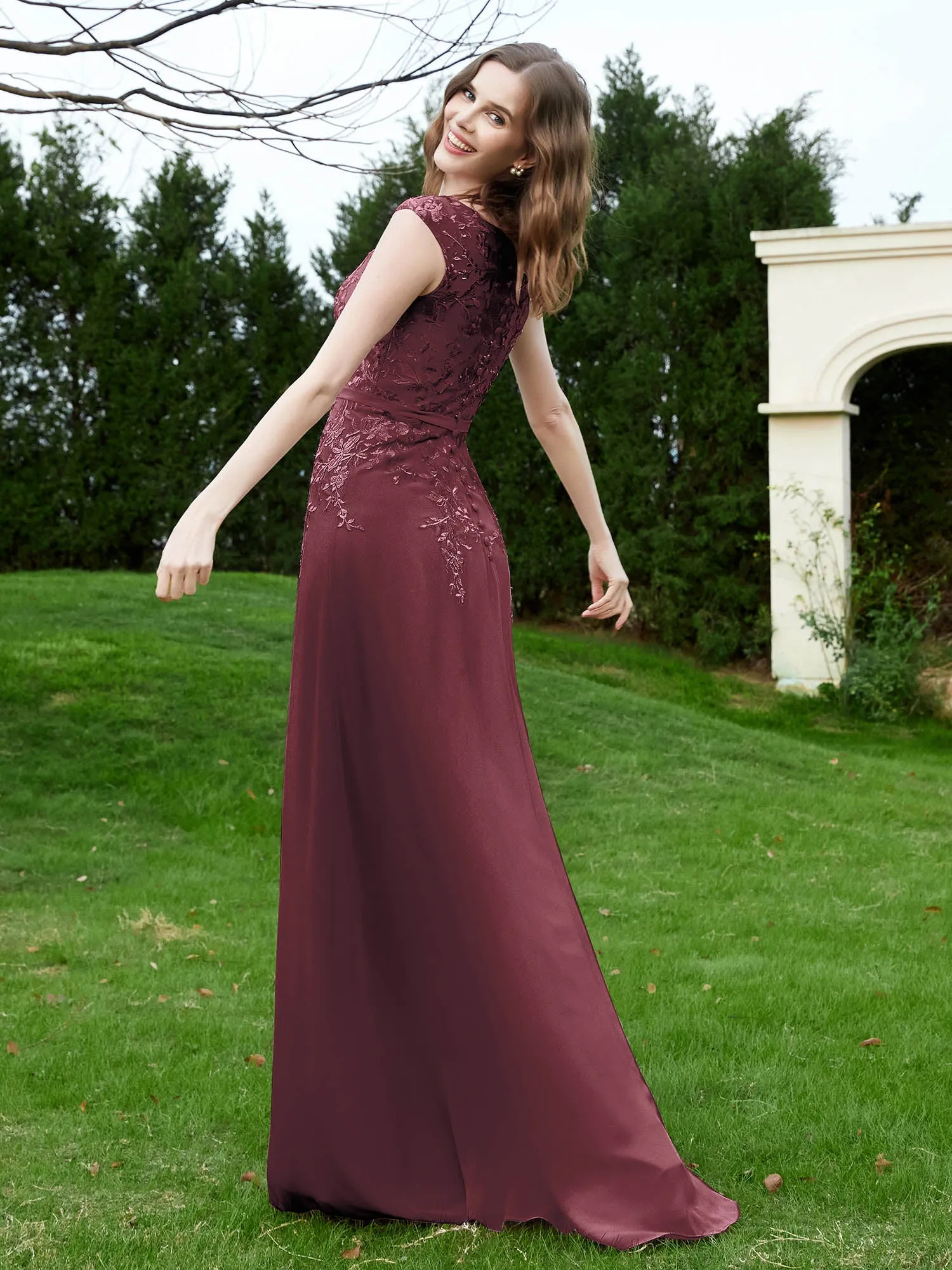 A-Line Chiffon Dress with Flower Appliqued Mulberry Plus Size