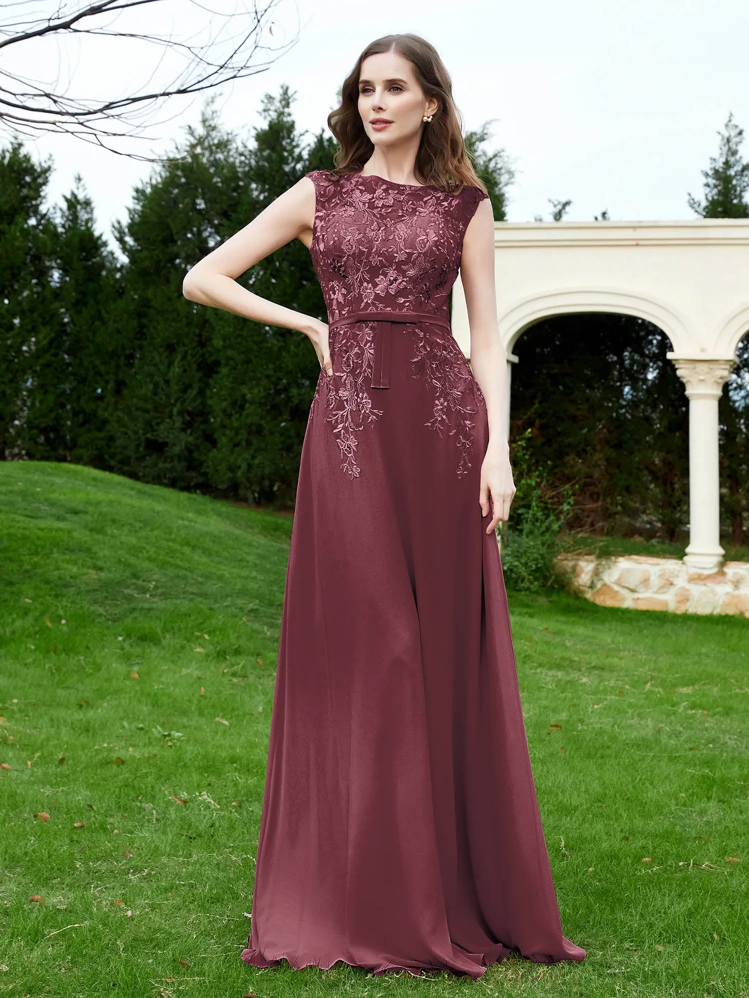 A-Line Chiffon Dress with Flower Appliqued Mulberry Plus Size