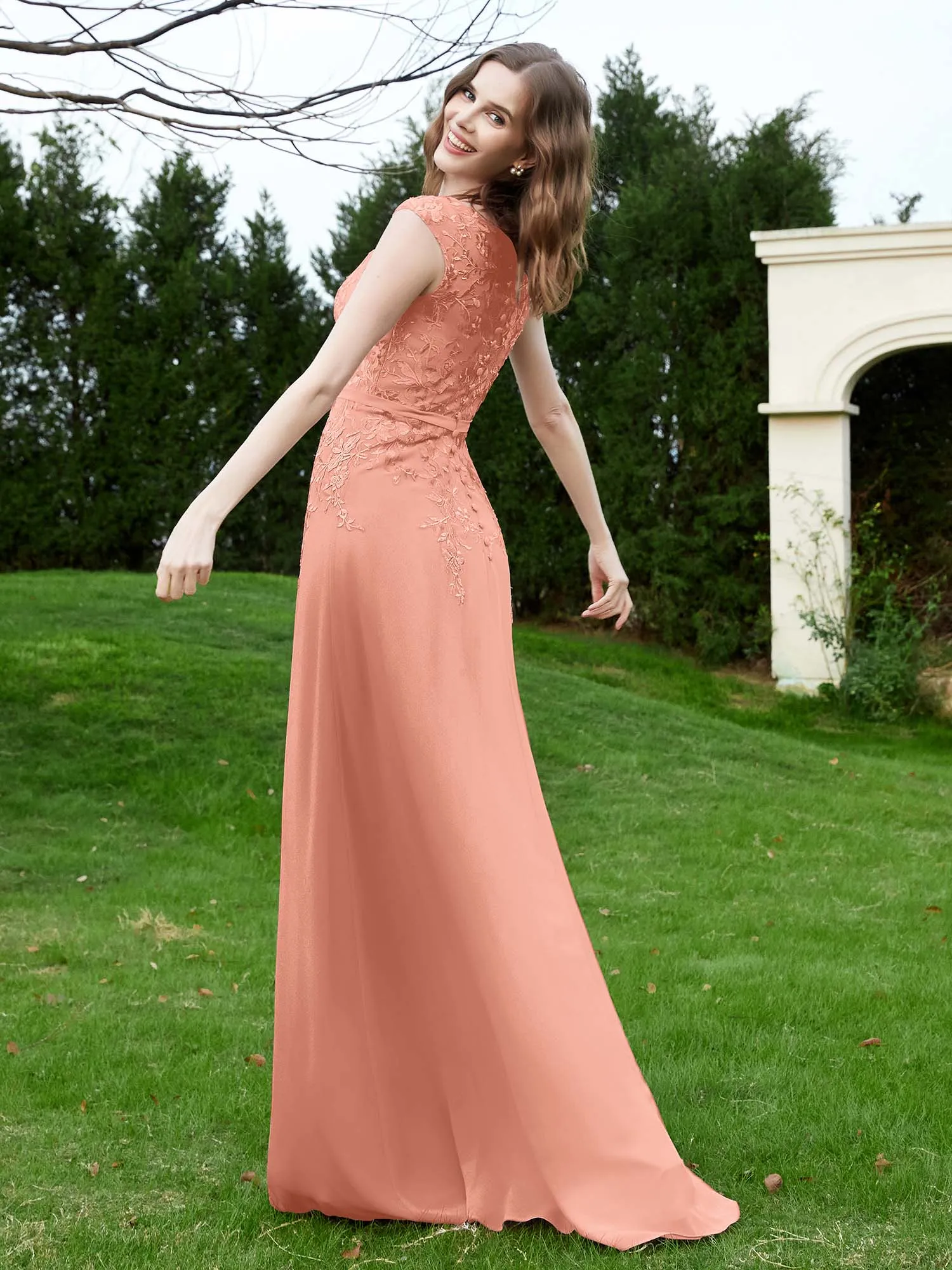 A-Line Chiffon Dress with Flower Appliqued Papaya