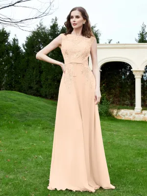 A-Line Chiffon Dress with Flower Appliqued Peach Plus Size