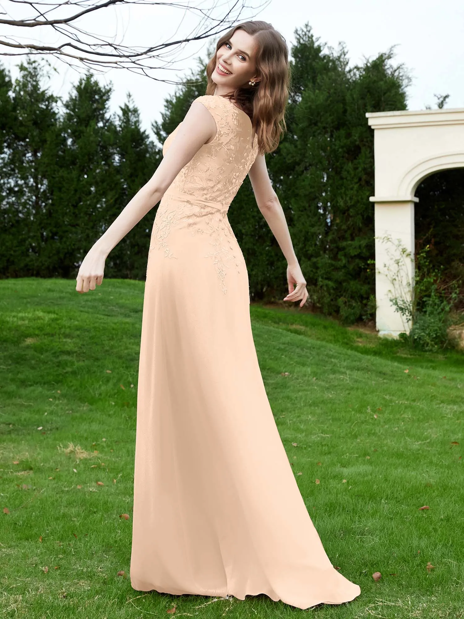 A-Line Chiffon Dress with Flower Appliqued Peach