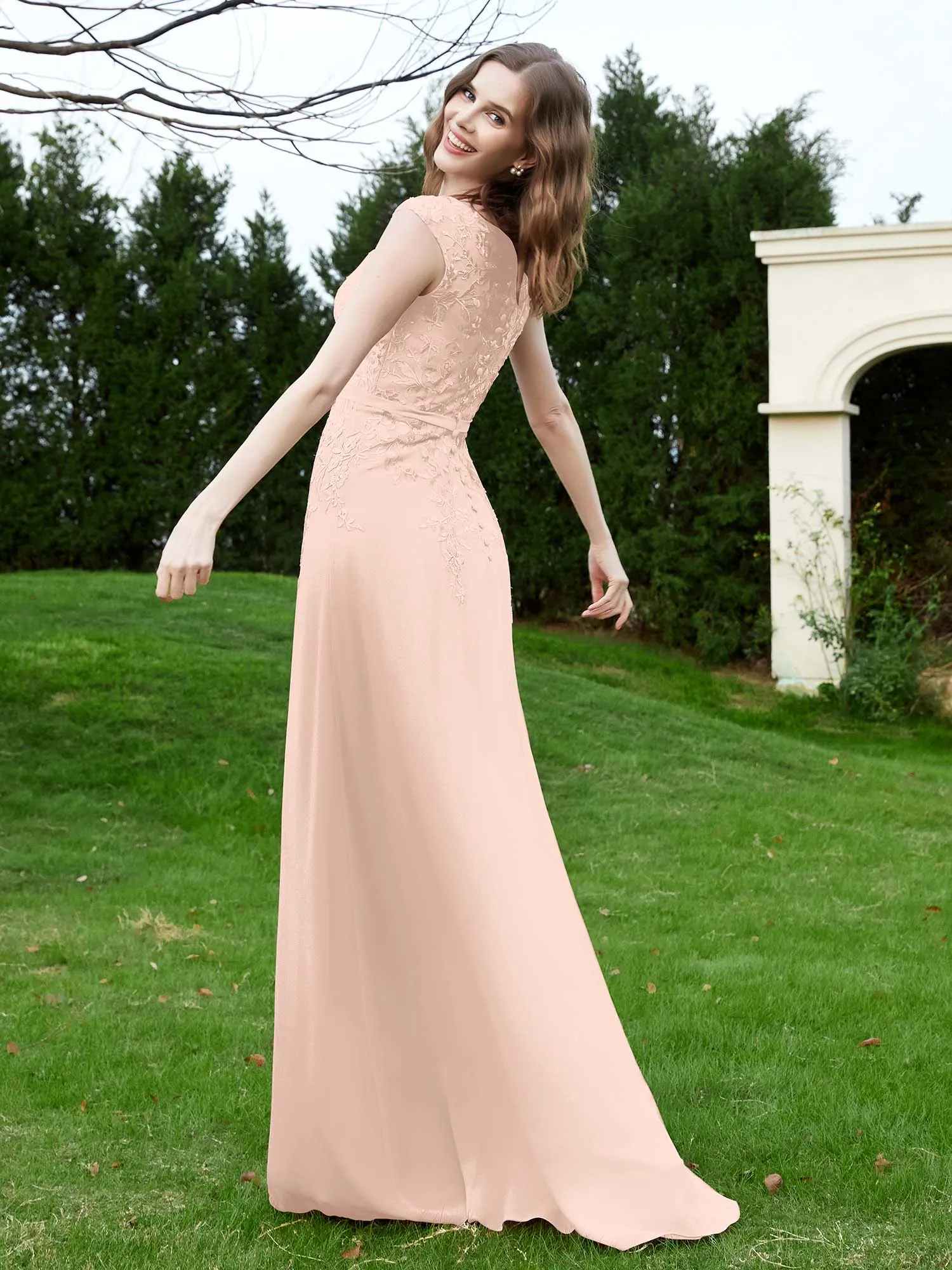 A-Line Chiffon Dress with Flower Appliqued Pearl Pink Plus Size