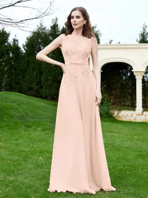 A-Line Chiffon Dress with Flower Appliqued Pearl Pink Plus Size