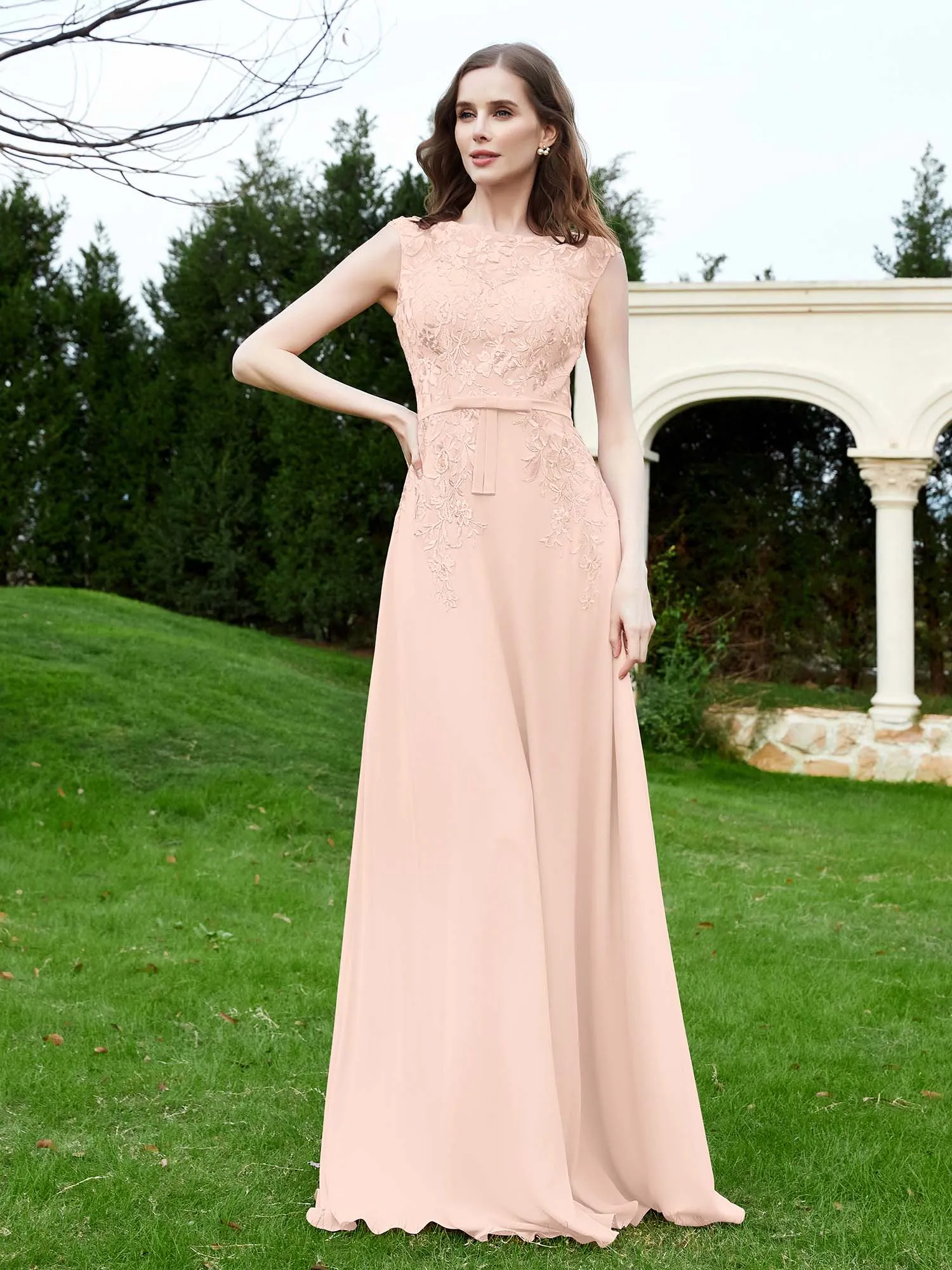 A-Line Chiffon Dress with Flower Appliqued Pearl Pink Plus Size
