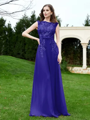 A-Line Chiffon Dress with Flower Appliqued Royal Blue Plus Size