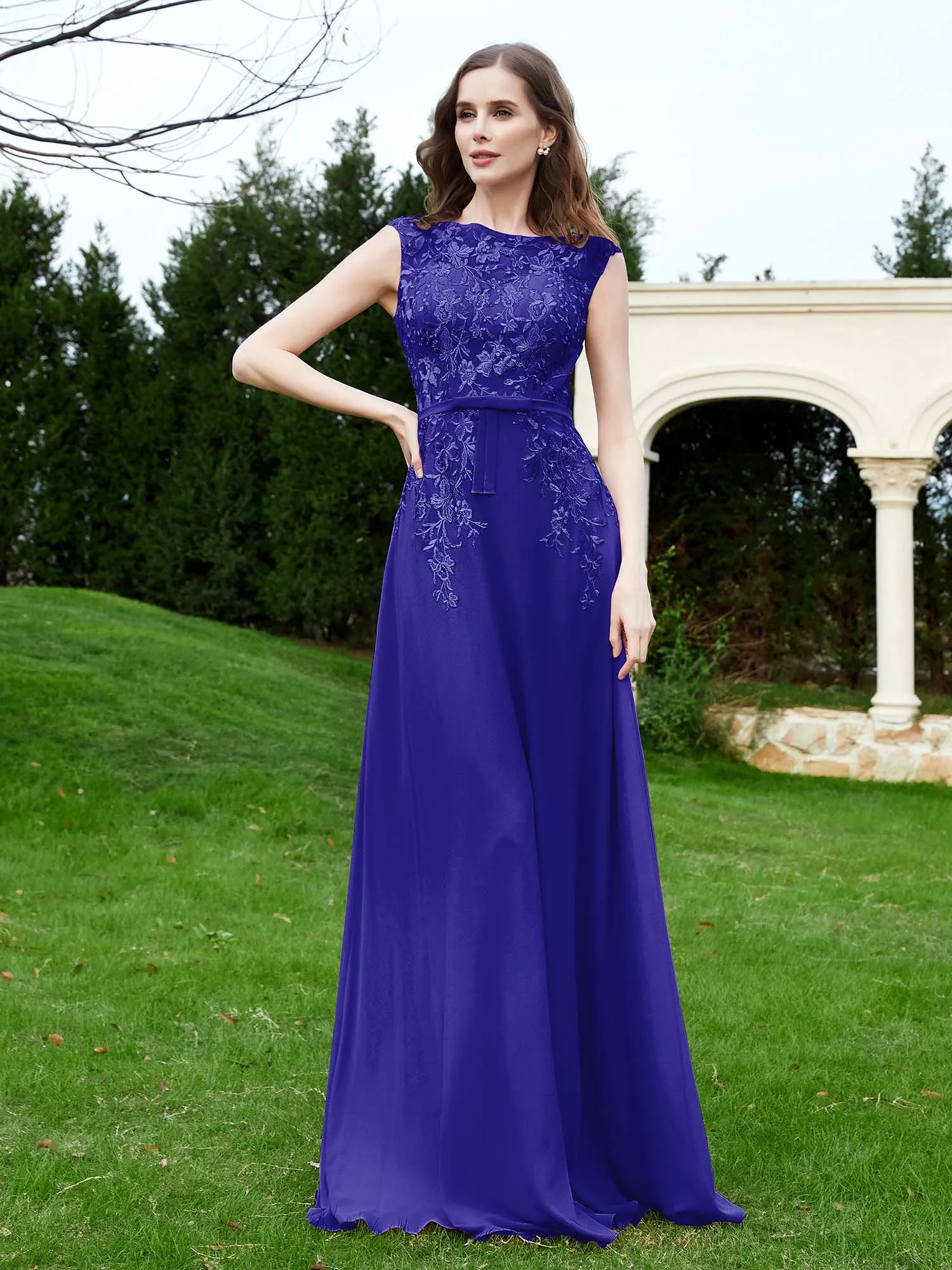 A-Line Chiffon Dress with Flower Appliqued Royal Blue Plus Size