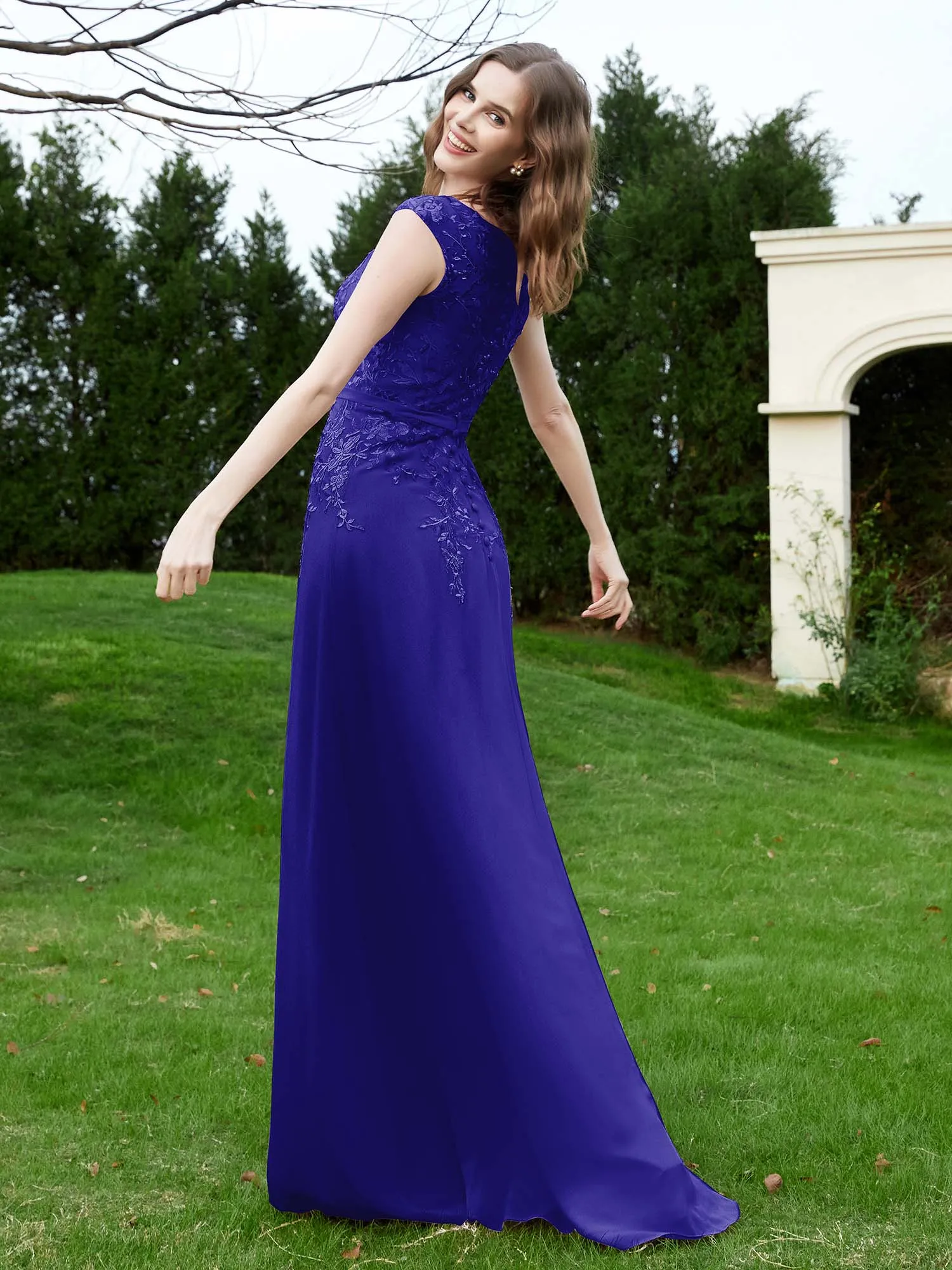 A-Line Chiffon Dress with Flower Appliqued Royal Blue Plus Size
