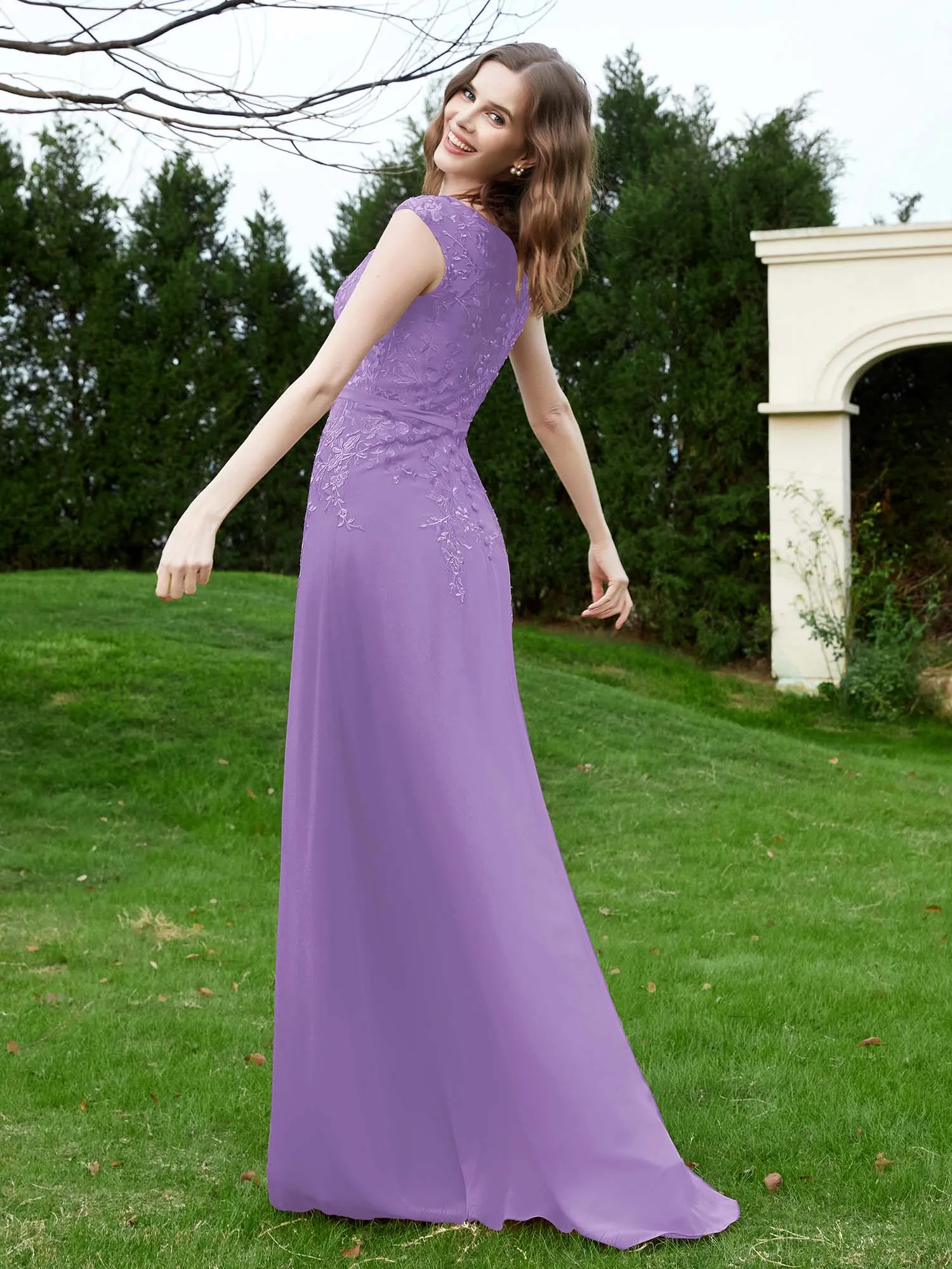 A-Line Chiffon Dress with Flower Appliqued Tahiti Plus Size