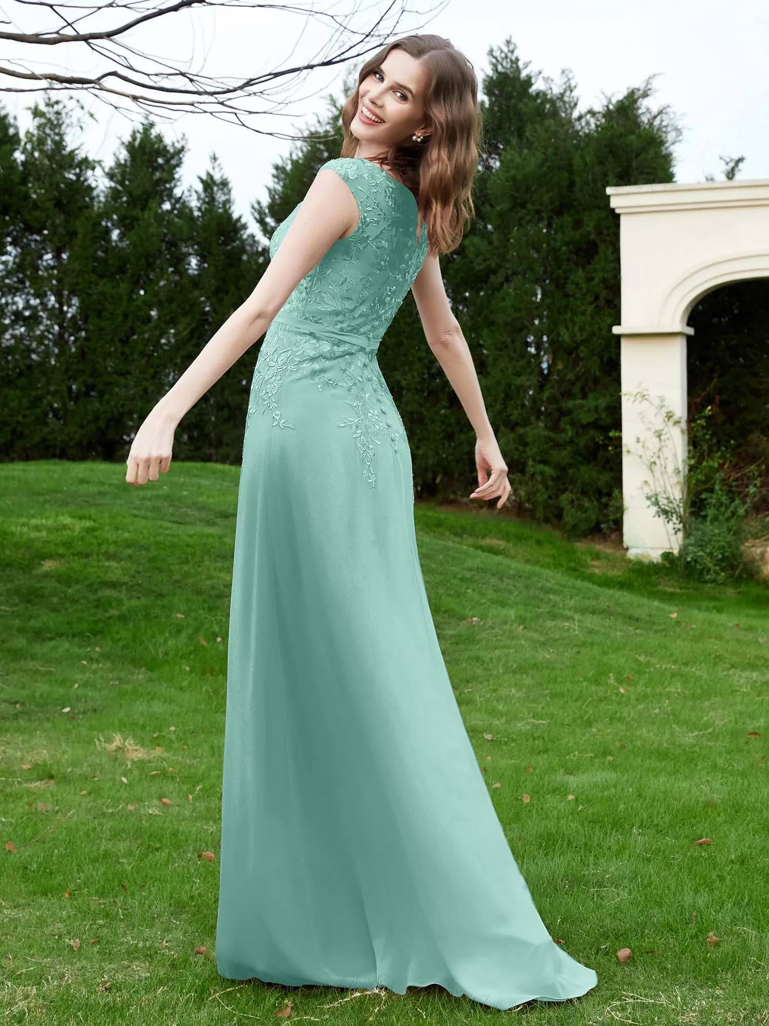 A-Line Chiffon Dress with Flower Appliqued Turquoise Plus Size