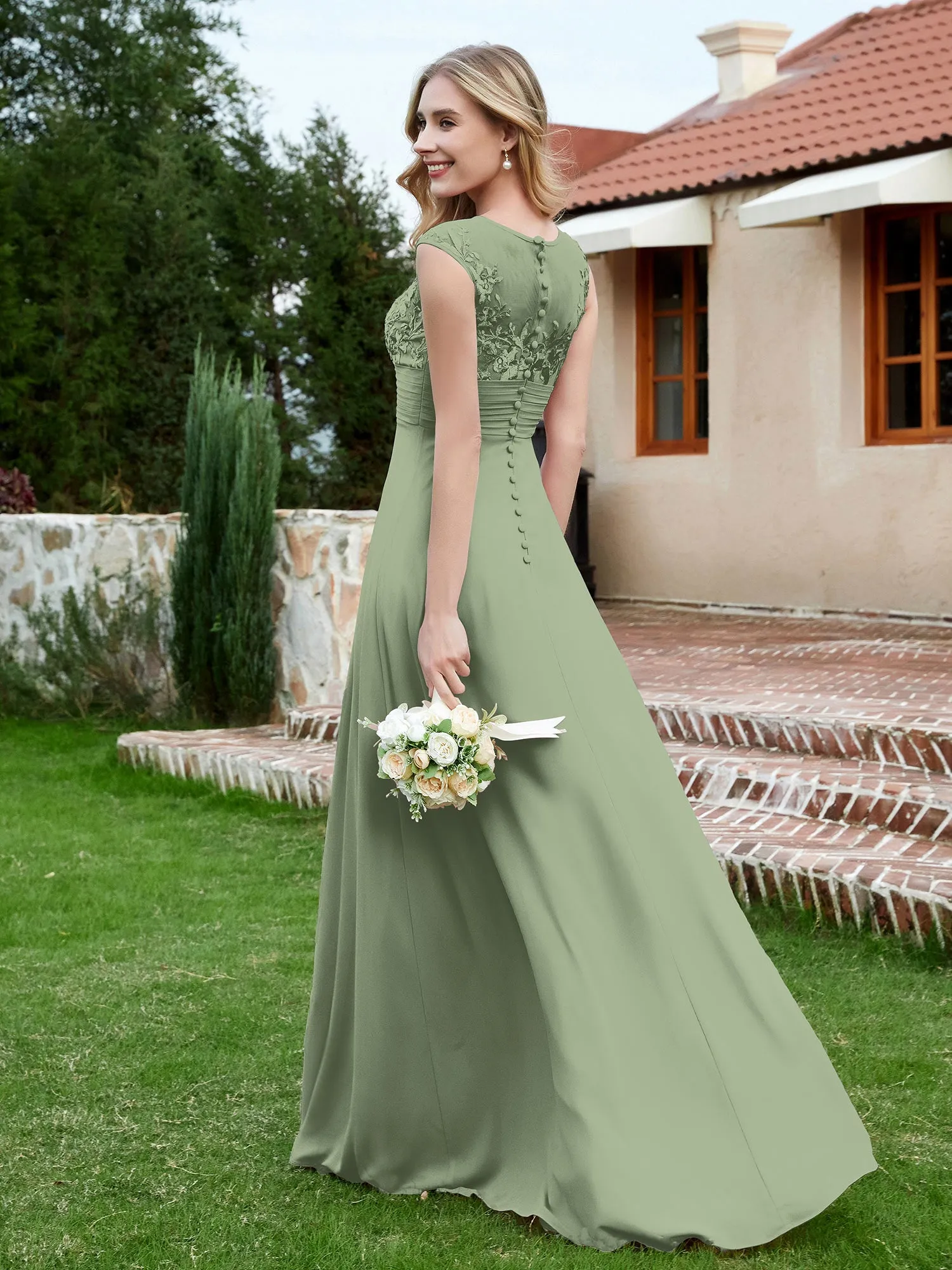 A-Line Chiffon Dress with Illusion Neckline Dusty Sage Plus Size