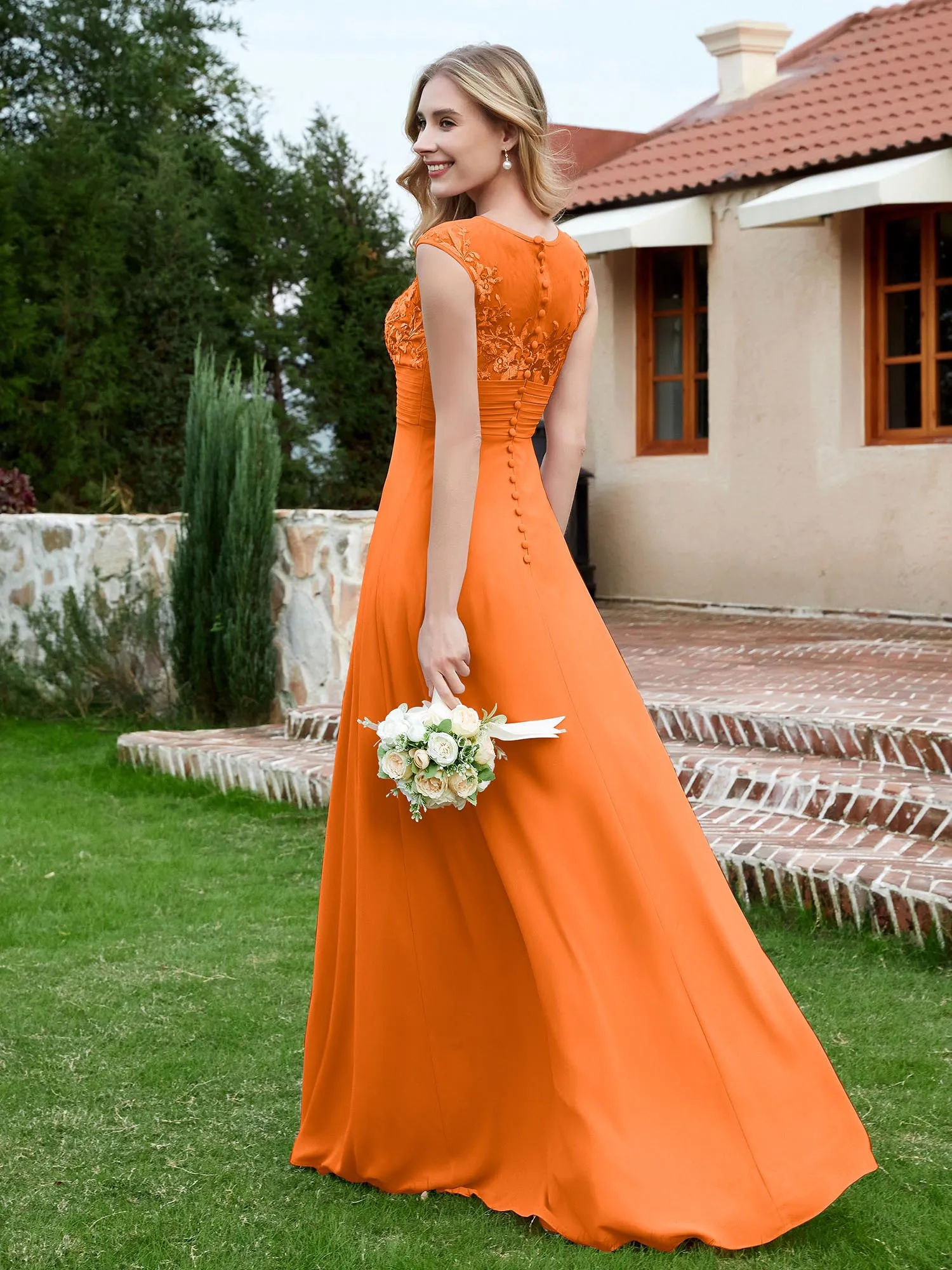 A-Line Chiffon Dress with Illusion Neckline Orange