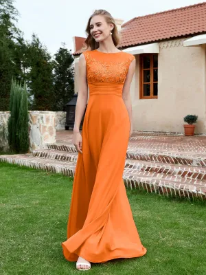 A-Line Chiffon Dress with Illusion Neckline Orange