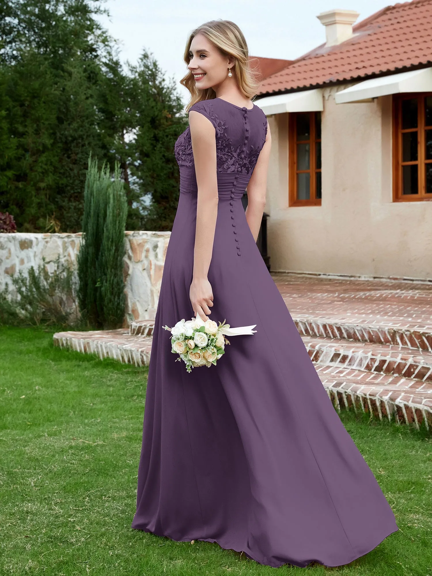 A-Line Chiffon Dress with Illusion Neckline Plum