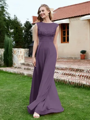 A-Line Chiffon Dress with Illusion Neckline Plum