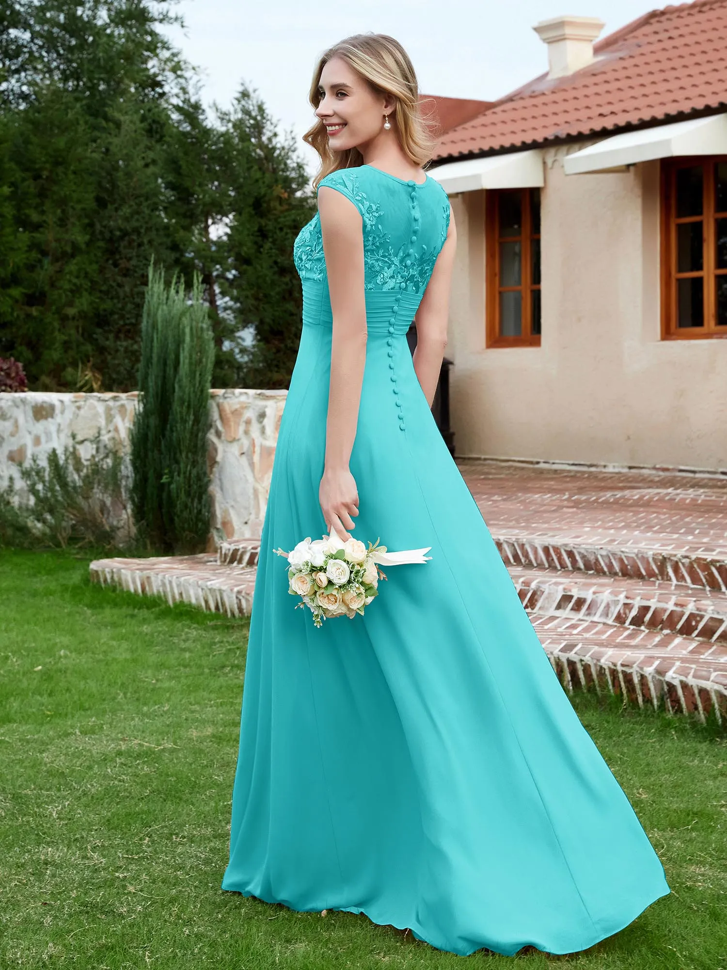 A-Line Chiffon Dress with Illusion Neckline Pool Plus Size