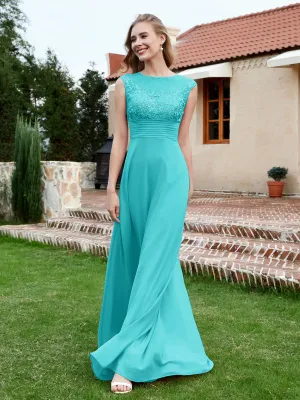 A-Line Chiffon Dress with Illusion Neckline Pool Plus Size
