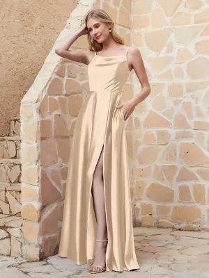 A-line Cowl Neck Satin Dress with Slit Champagne Plus Size