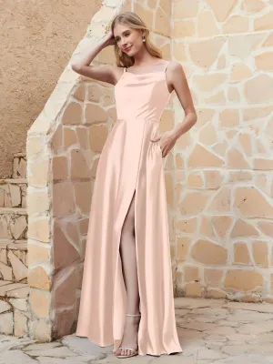 A-line Cowl Neck Satin Dress with Slit Pearl Pink Plus Size