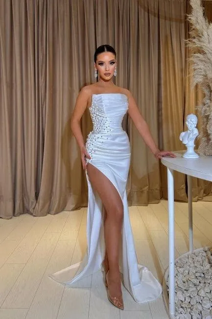 A-Line Exquisite Split Front Sleeveless Strapless Stain Prom Dresses with Beadings