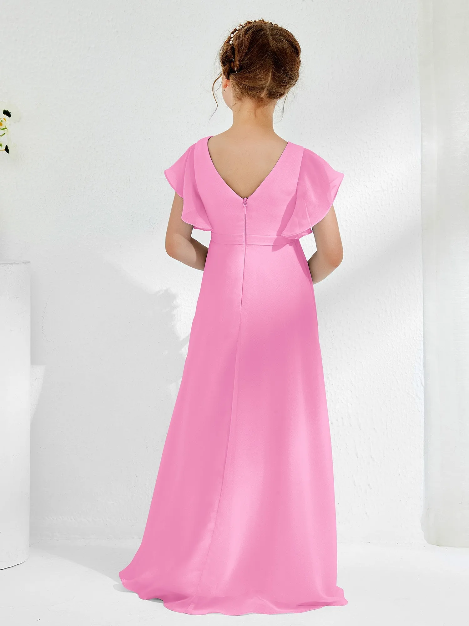 A-line Flutter Sleeves Junior Bridesmaid Dresses Candy Pink