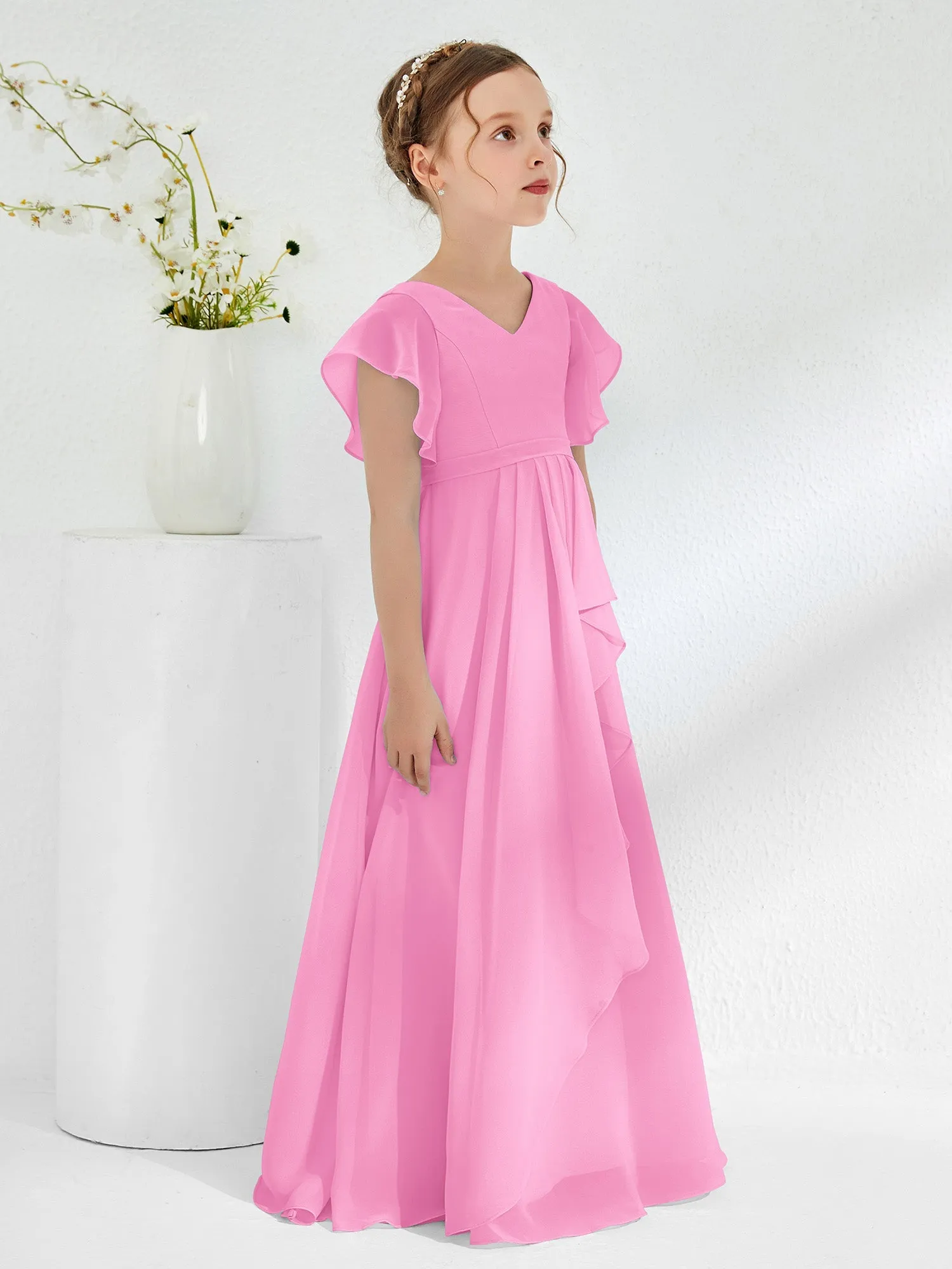 A-line Flutter Sleeves Junior Bridesmaid Dresses Candy Pink