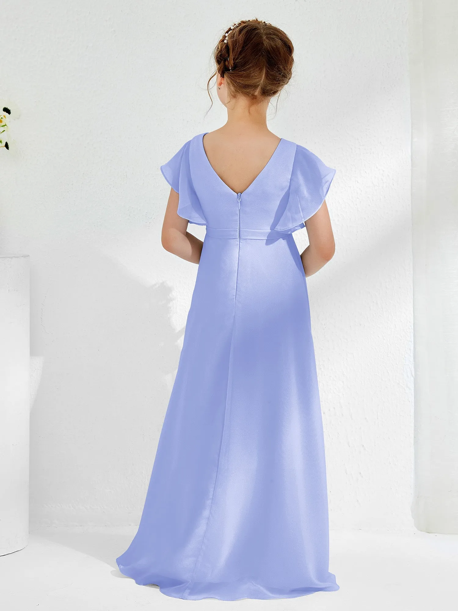 A-line Flutter Sleeves Junior Bridesmaid Dresses Lavender