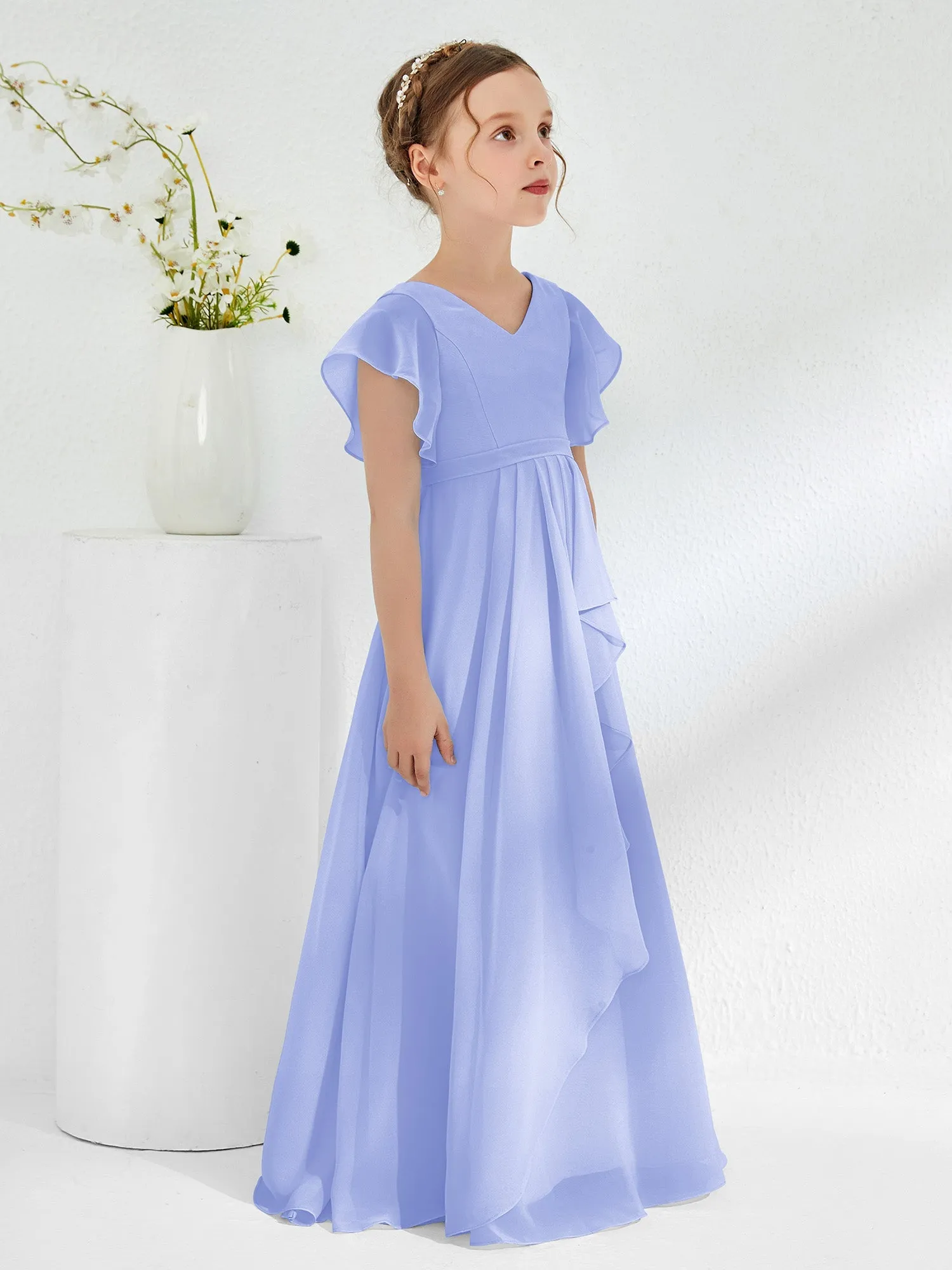 A-line Flutter Sleeves Junior Bridesmaid Dresses Lavender