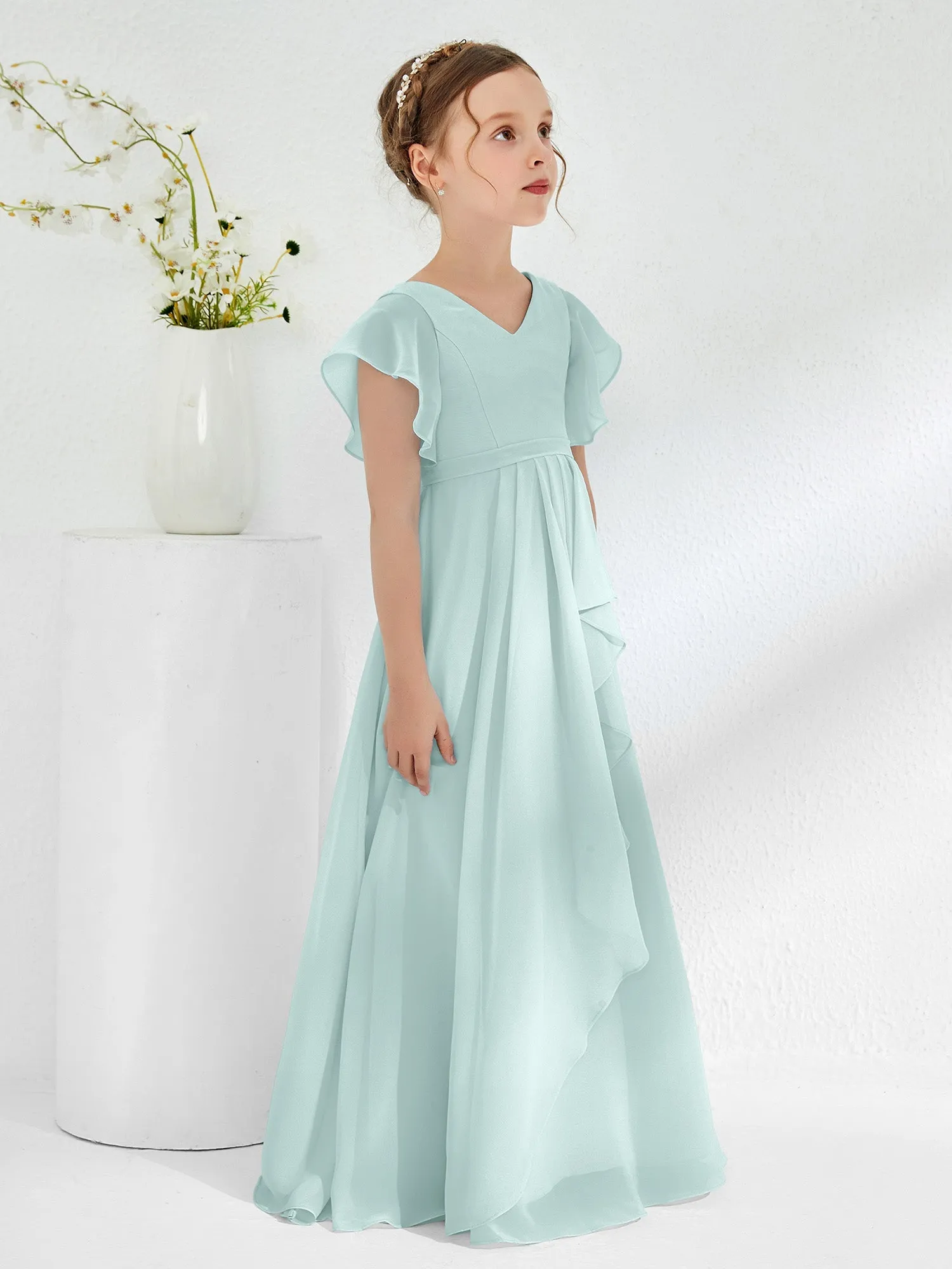 A-line Flutter Sleeves Junior Bridesmaid Dresses Mist
