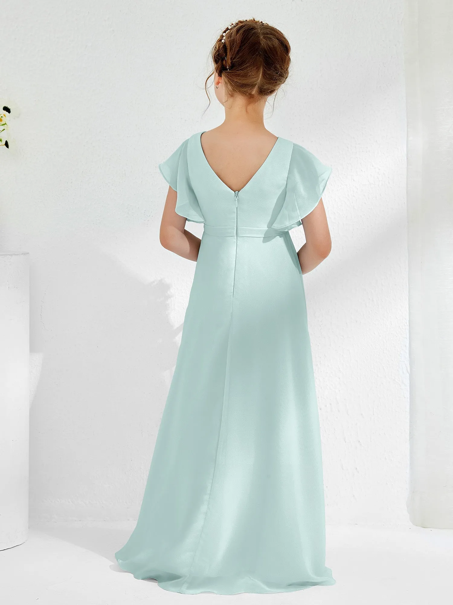 A-line Flutter Sleeves Junior Bridesmaid Dresses Mist